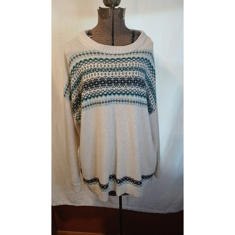 J. Jill Womens Large Fair Isle Cotton Blend Crewneck Sweater Teal Navy Cream L